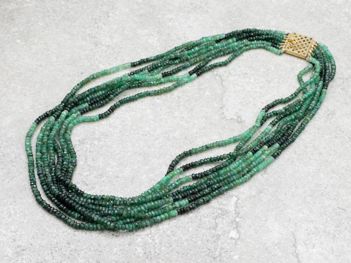 Multi-strand Green Tourmaline Beaded Necklace, Gold Tone Clasp