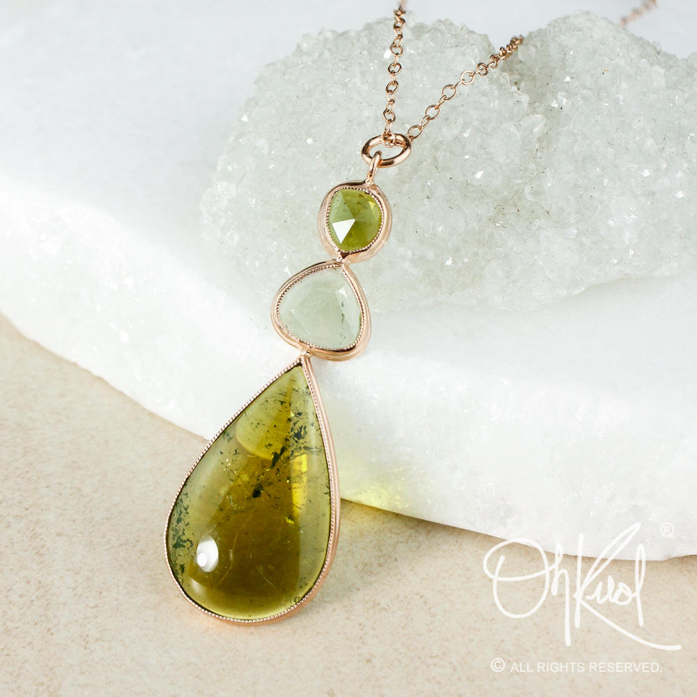Green Tourmaline Teardrop Necklace: Sterling Silver, 3-tier Gemstone