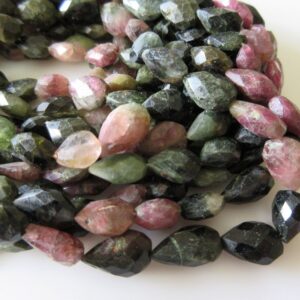 5 Strands Wholesale Natural Tourmaline Faceted Straight Drilled Pear Beads, Pink Green Tourmaline, 10mm To 14mm Each, 15 Inch Strand, Gds40