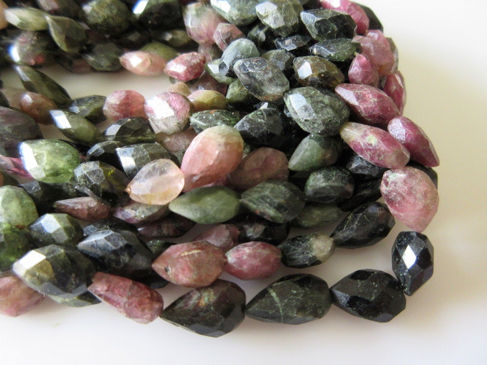 5 Strands Wholesale Natural Tourmaline Faceted Straight Drilled Pear Beads, Pink Green Tourmaline, 10mm To 14mm Each, 15 Inch Strand, Gds40