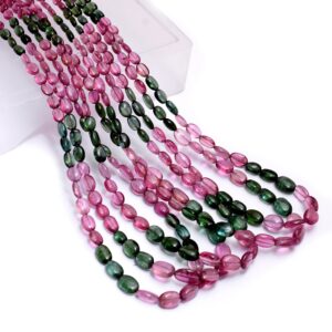 Aaa+ Pink / Green Tourmaline 3x5mm-5x8mm Smooth Oval Beads | 17inch Strand | Natural Multi Tourmaline Precious Gemstone Loose Oval Beads
