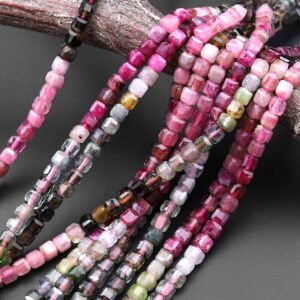 AAA Faceted Natural Multicolor Fuchsia Pink Green Tourmaline 3mm Cube Beads Gemstone 15.5" Strand