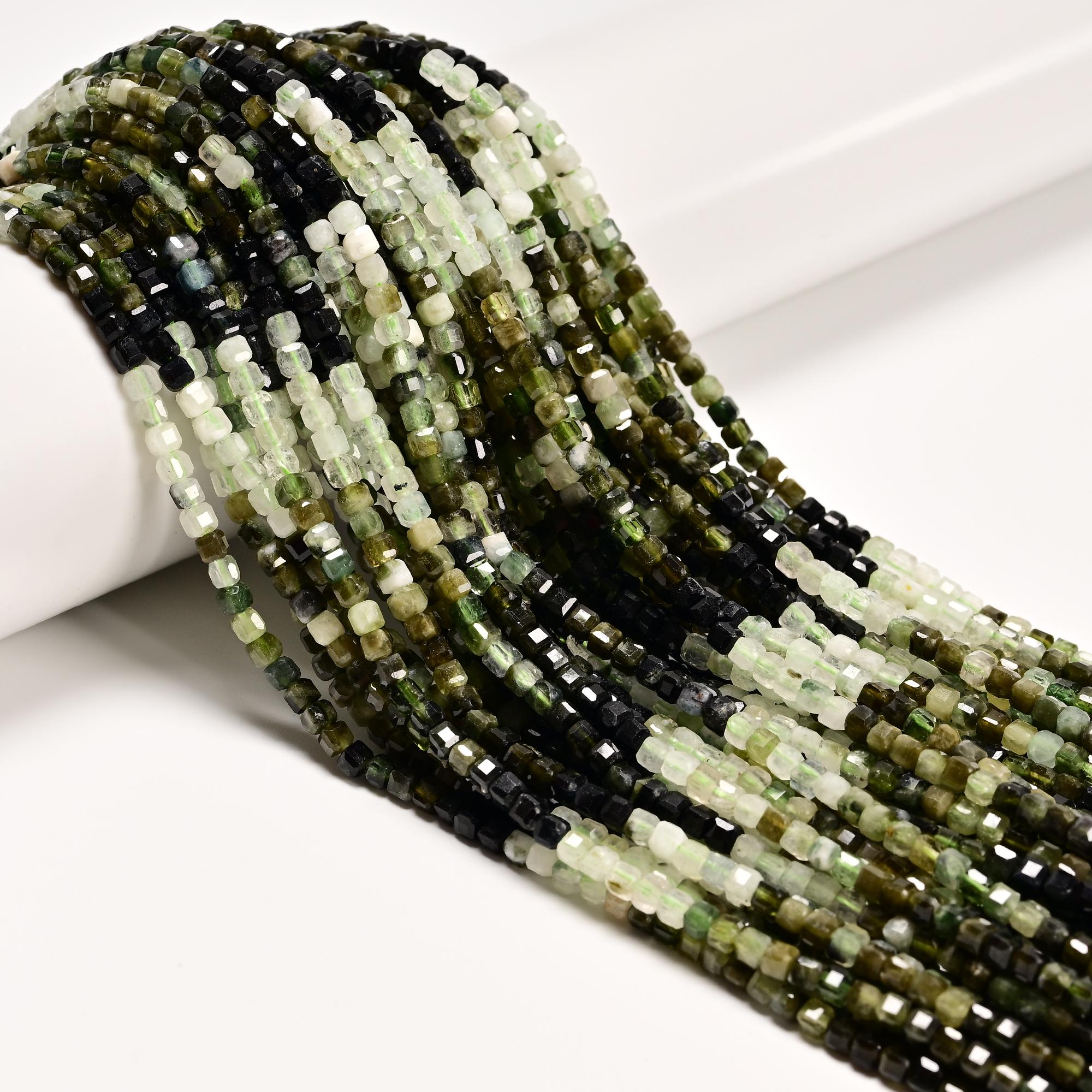 Gradient Green Tourmaline Verdelite Faceted Cube Beads 3mm 15.5" Strand