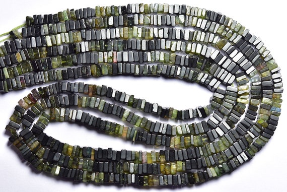 Tourmaline Heishi Beads - 16 Inches - Natural Smooth Dark Green Tourmaline Heishi Square Shape Beads - Size Is 4 Mm #1615