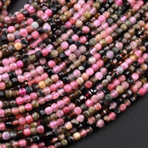 Natural Multicolor Pink Green Tourmaline Faceted 2mm 3mm Cube Square Beads Gemstone 15.5" Strand