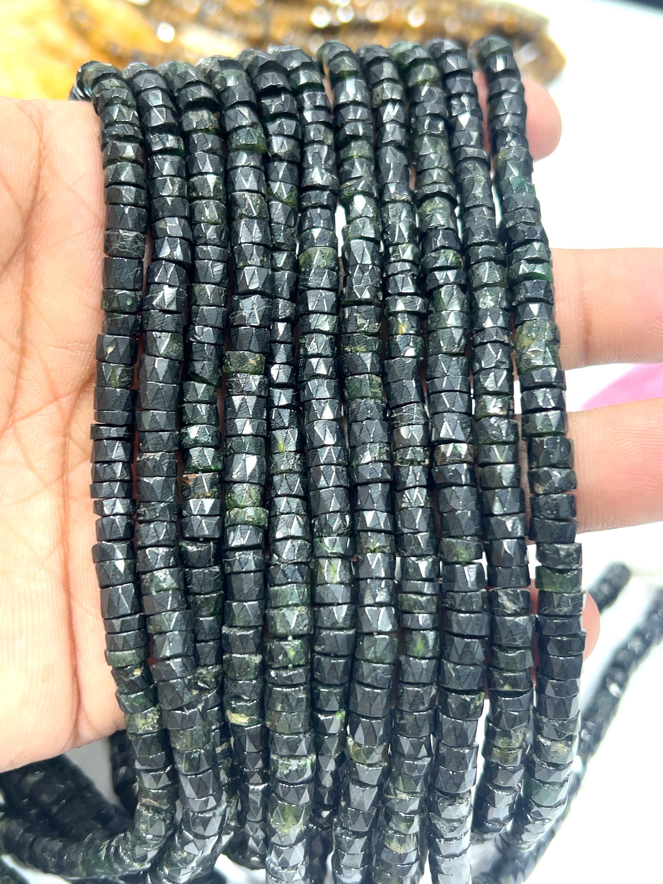 Natural Green Tourmaline Heishi Beads | Faceted Tyre Shape Gemstone Strand (5mm)
