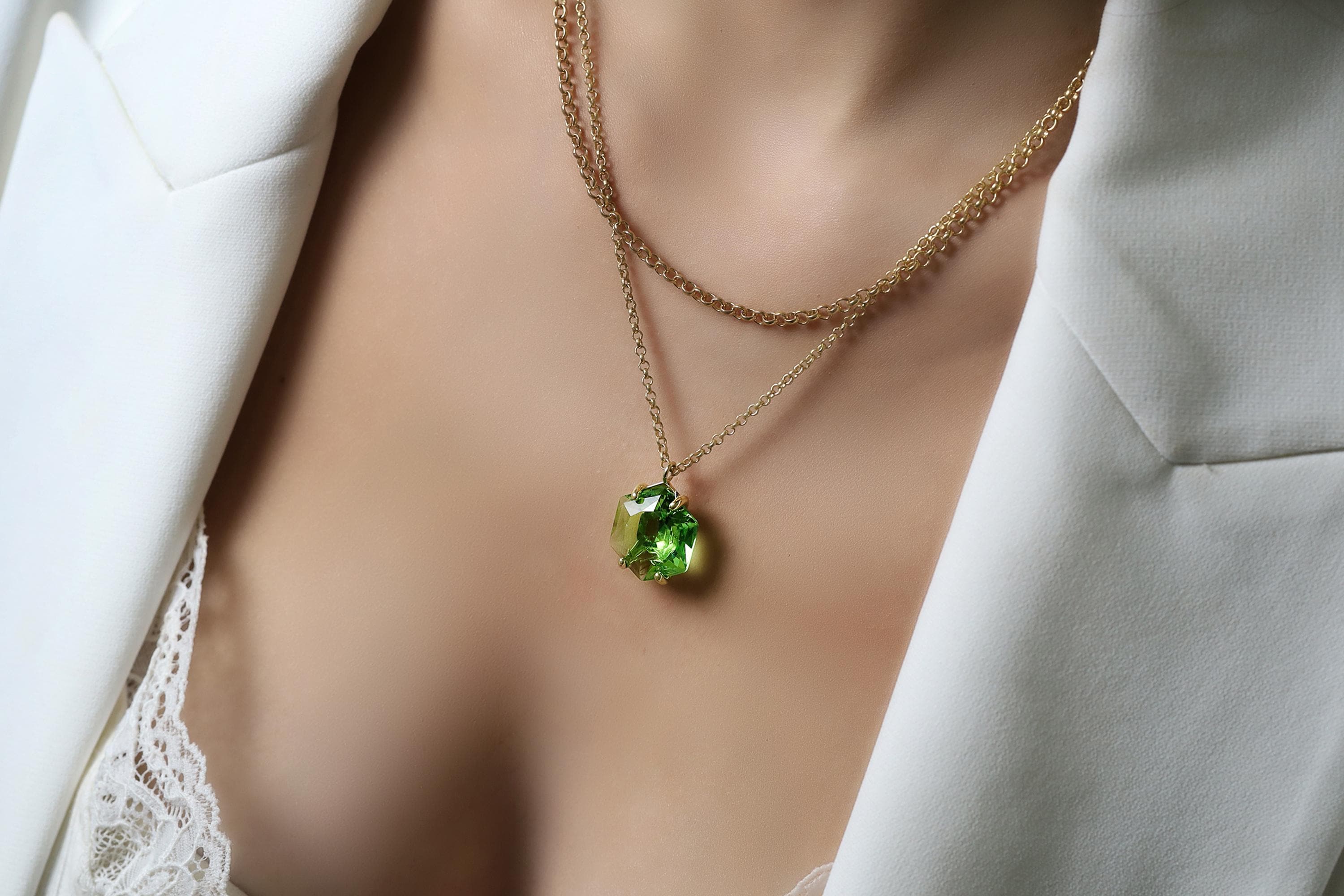 14k Gold Green Tourmaline Necklace · Hexagon Cut Pendant Necklace · October Birthstone Necklace · Gemstone Pendant · Semiprecious Necklace