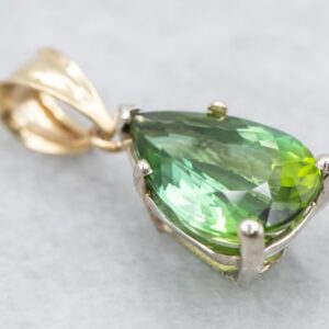 14K Gold Green Tourmaline Pear Pendant, Two-Tone Solitaire 14K Gold Green Tourmaline Pear Pendant, Two-Tone Solitaire