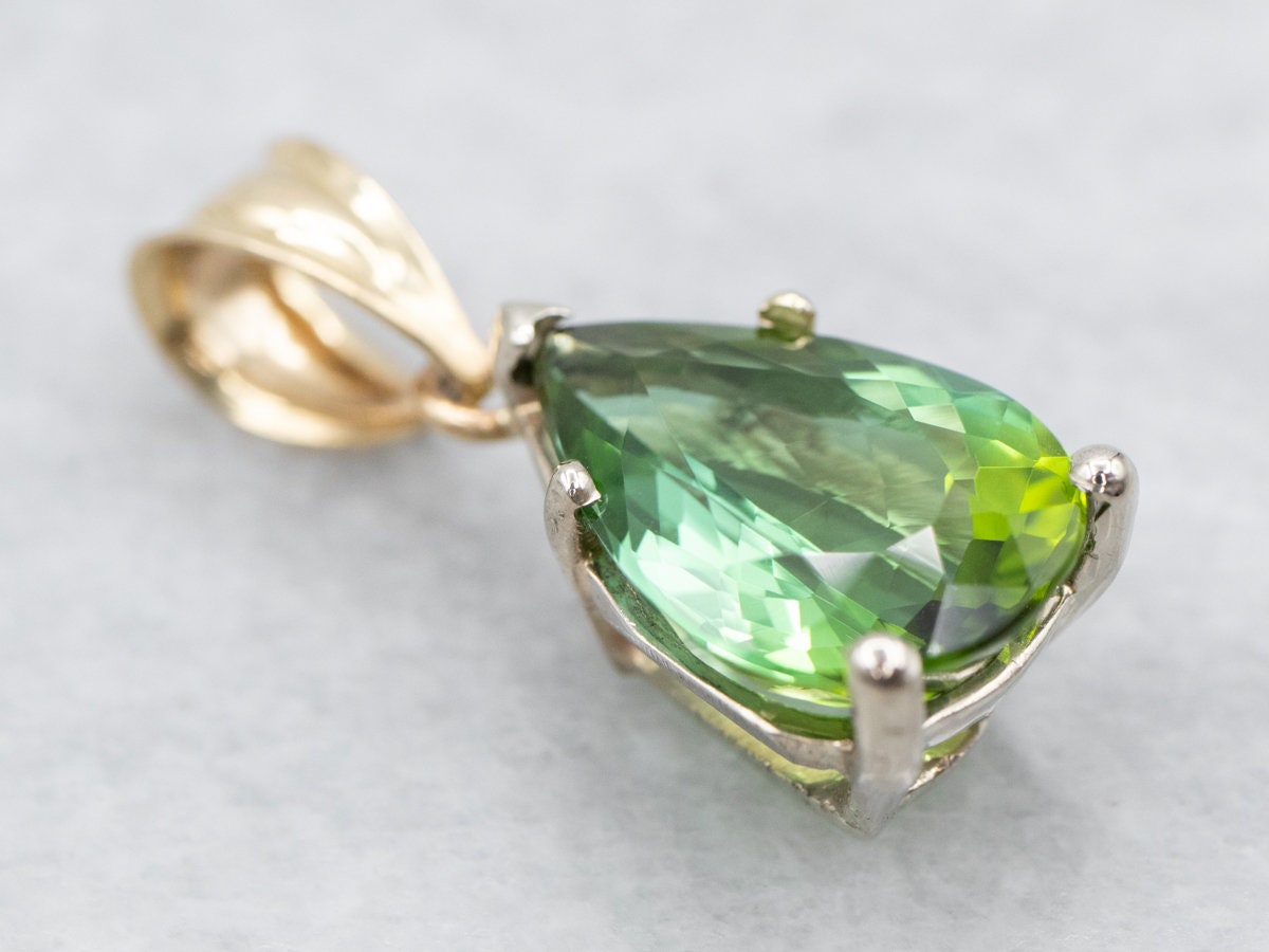 14k Gold Green Tourmaline Pear Pendant, Two-tone Solitaire