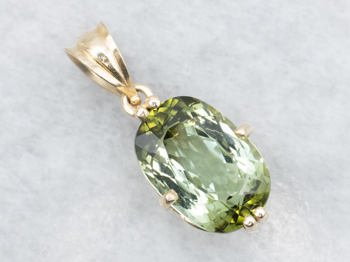 14k Yellow Gold Green Tourmaline Pendant, Oval Solitaire
