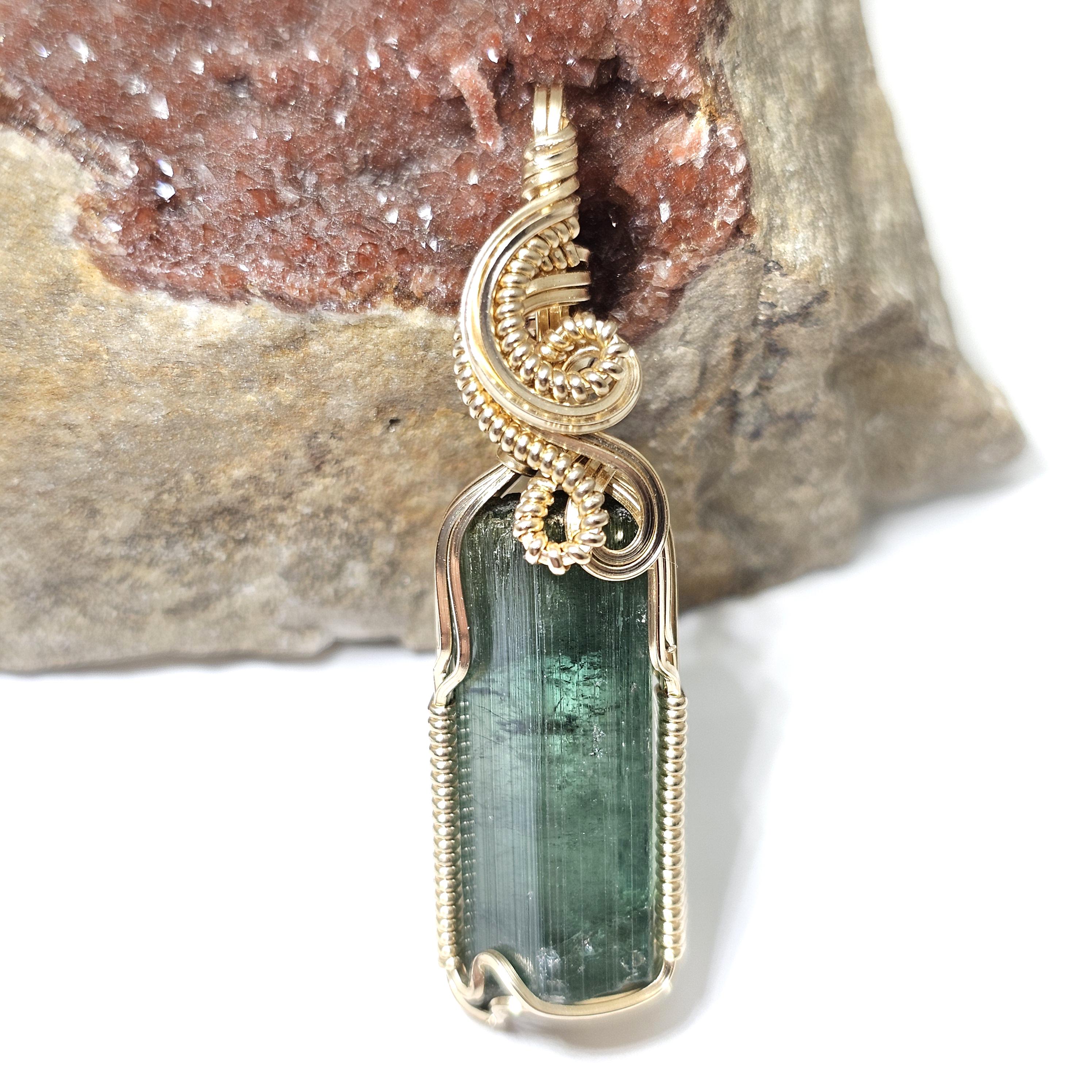 Brazilian Blue-green Tourmaline Crystal Pendant In 14k Gold Filled Wire (#3) - Gorgeous 100% Natural Color And Formation! See Video!