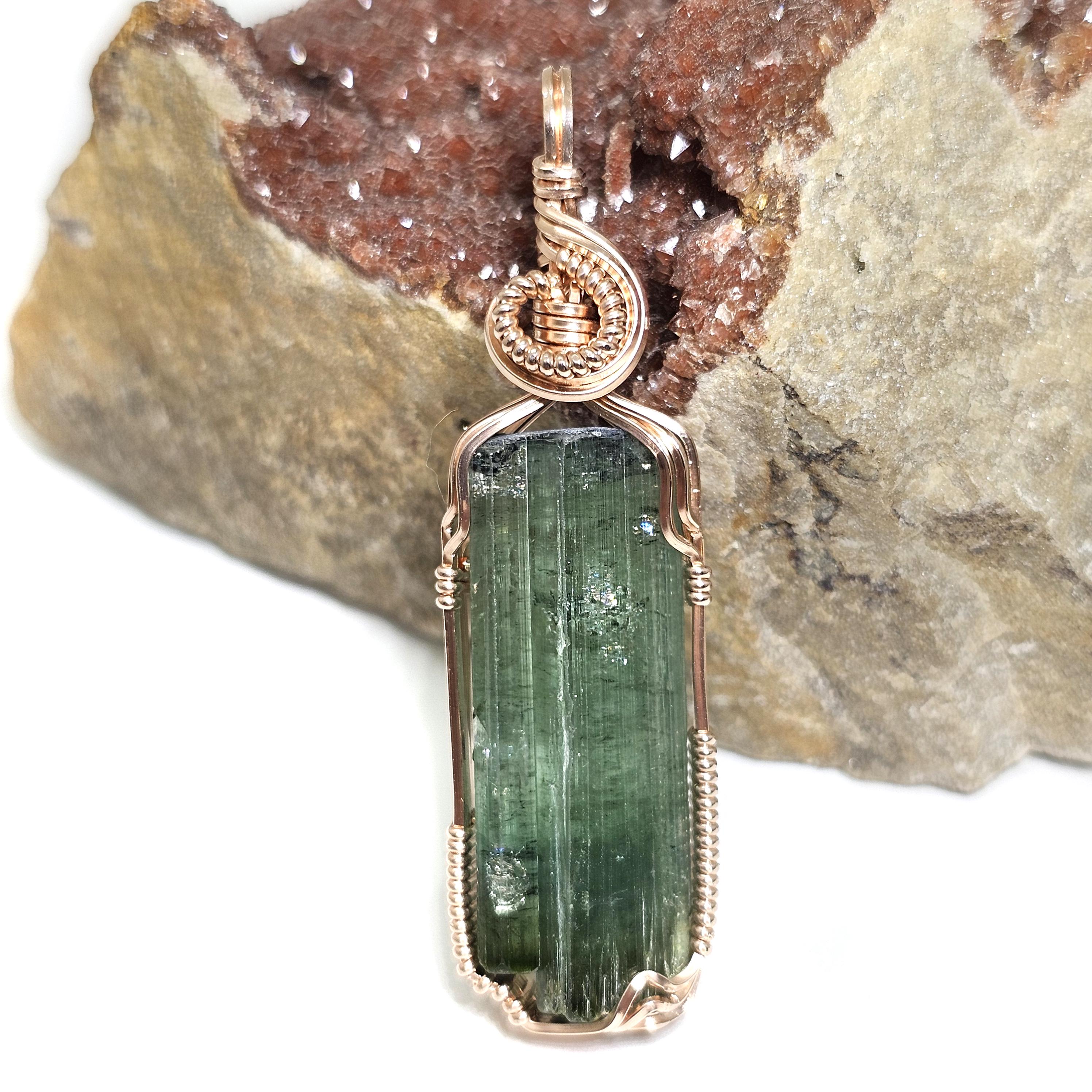 Brazilian Blue-green Tourmaline Crystal Pendant In 14k Rose Gold Filled Wire (#2) - Gorgeous 100% Natural Color And Formation! See Video!