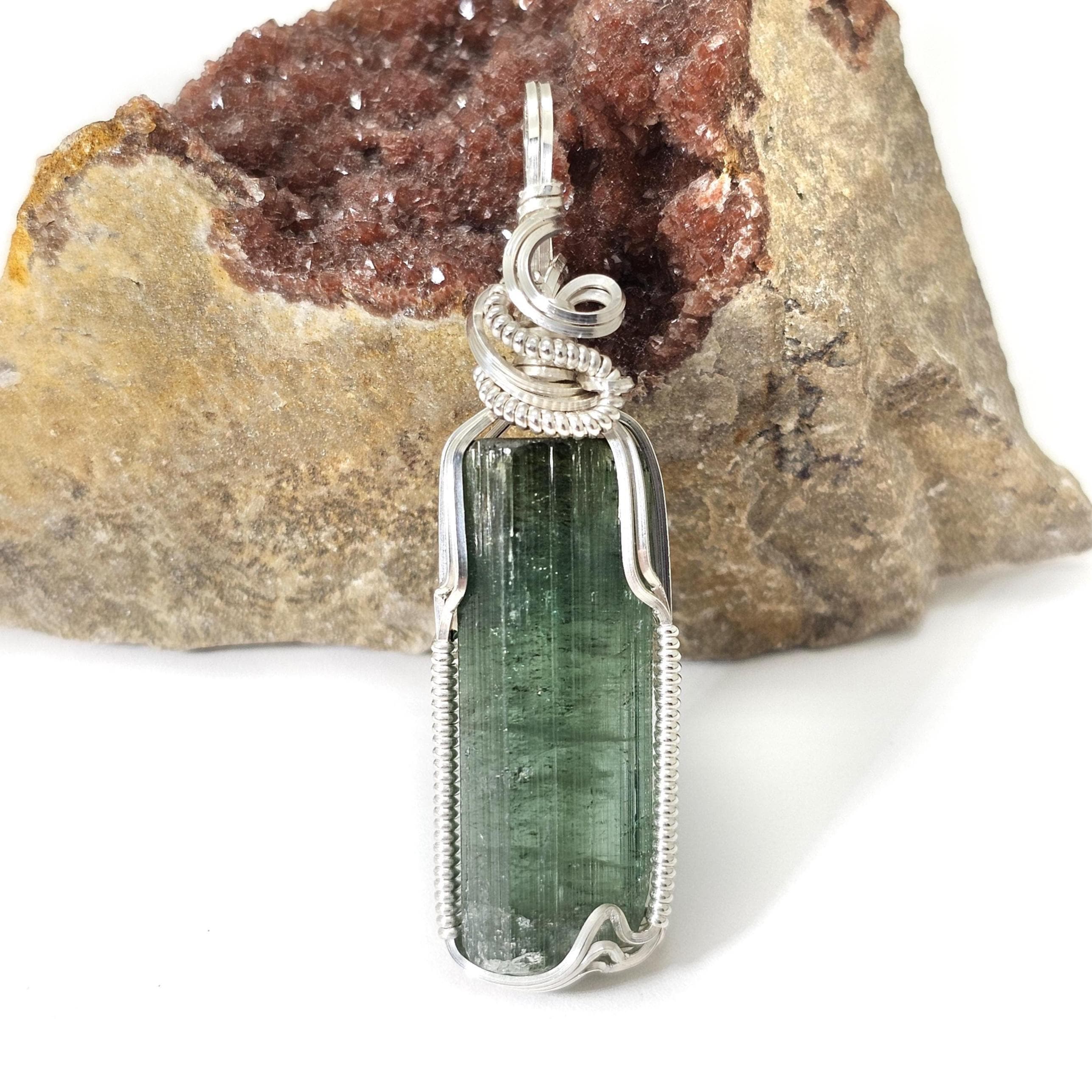 Brazilian Blue-green Tourmaline Crystal Pendant In Sterling Silver Wire (#1) --gorgeous 100% Natural Color And Formation! See Video! Brazilian Blue-green Tourmaline Crystal Pendant In Sterling Silver Wire (#1) --gorgeous 100% Natural Color And Formation! See Video!