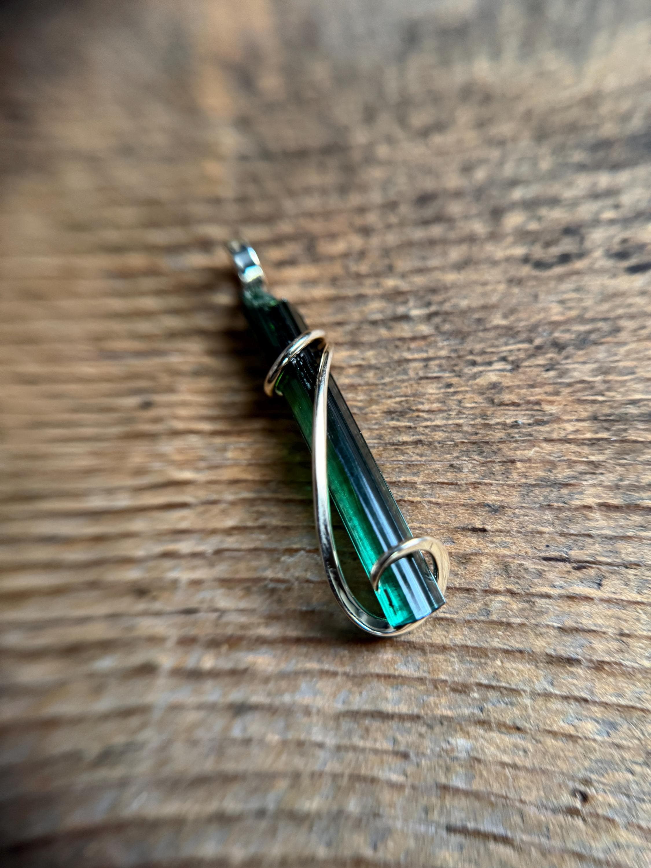 Green Tourmaline Crystal In 14 Karat Gold Pendant
