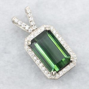Emerald Cut Green Tourmaline Diamond Halo Pendant, 14K White Gold Emerald Cut Green Tourmaline Diamond Halo Pendant, 14K White Gold