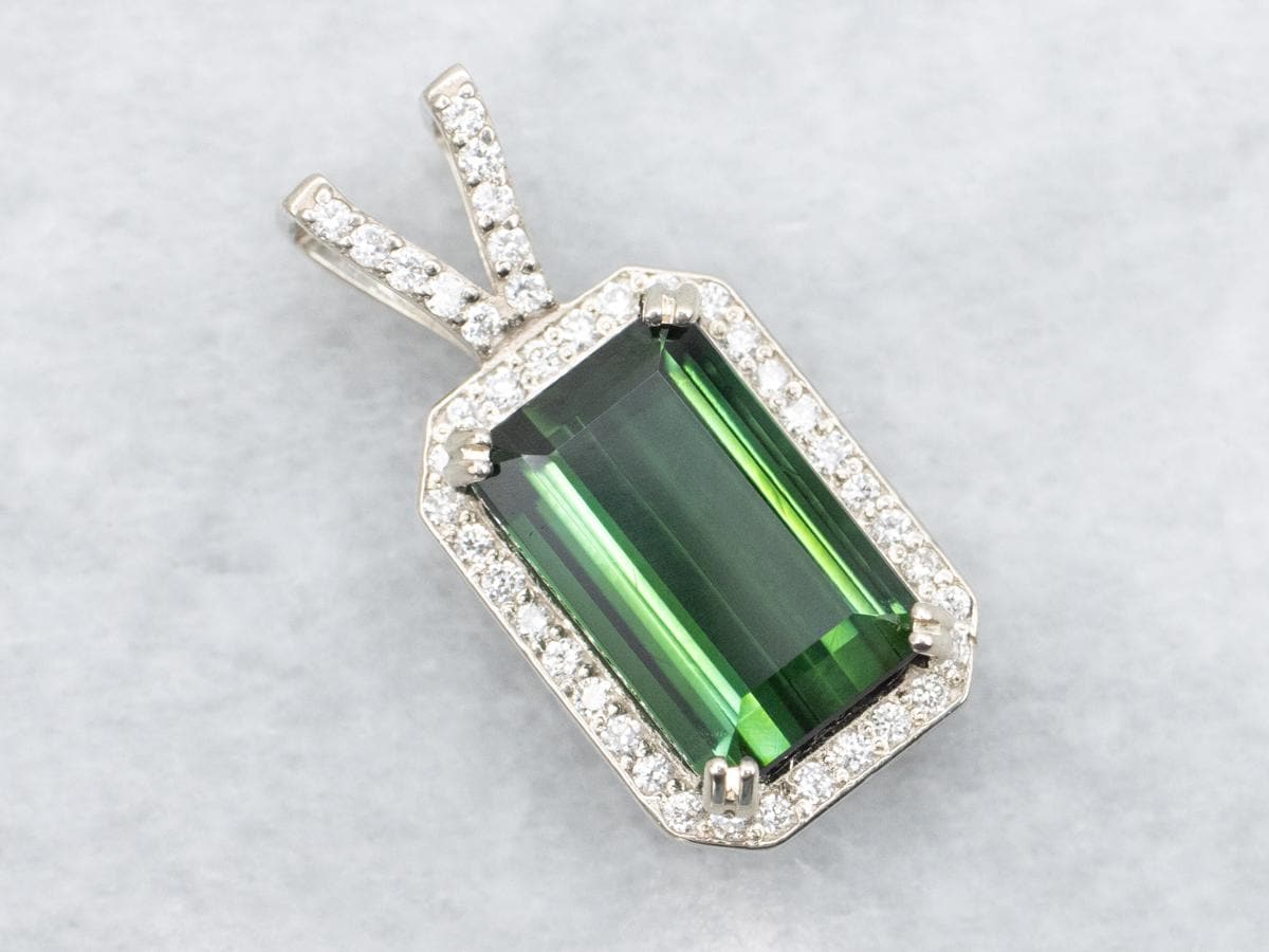 Emerald Cut Green Tourmaline Diamond Halo Pendant, 14k White Gold Emerald Cut Green Tourmaline Diamond Halo Pendant, 14k White Gold