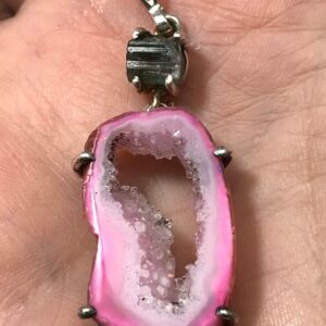 Fleece Pink Geode Druzy and Green Tourmaline Pendant Fleece Pink Geode Druzy and Green Tourmaline Pendant
