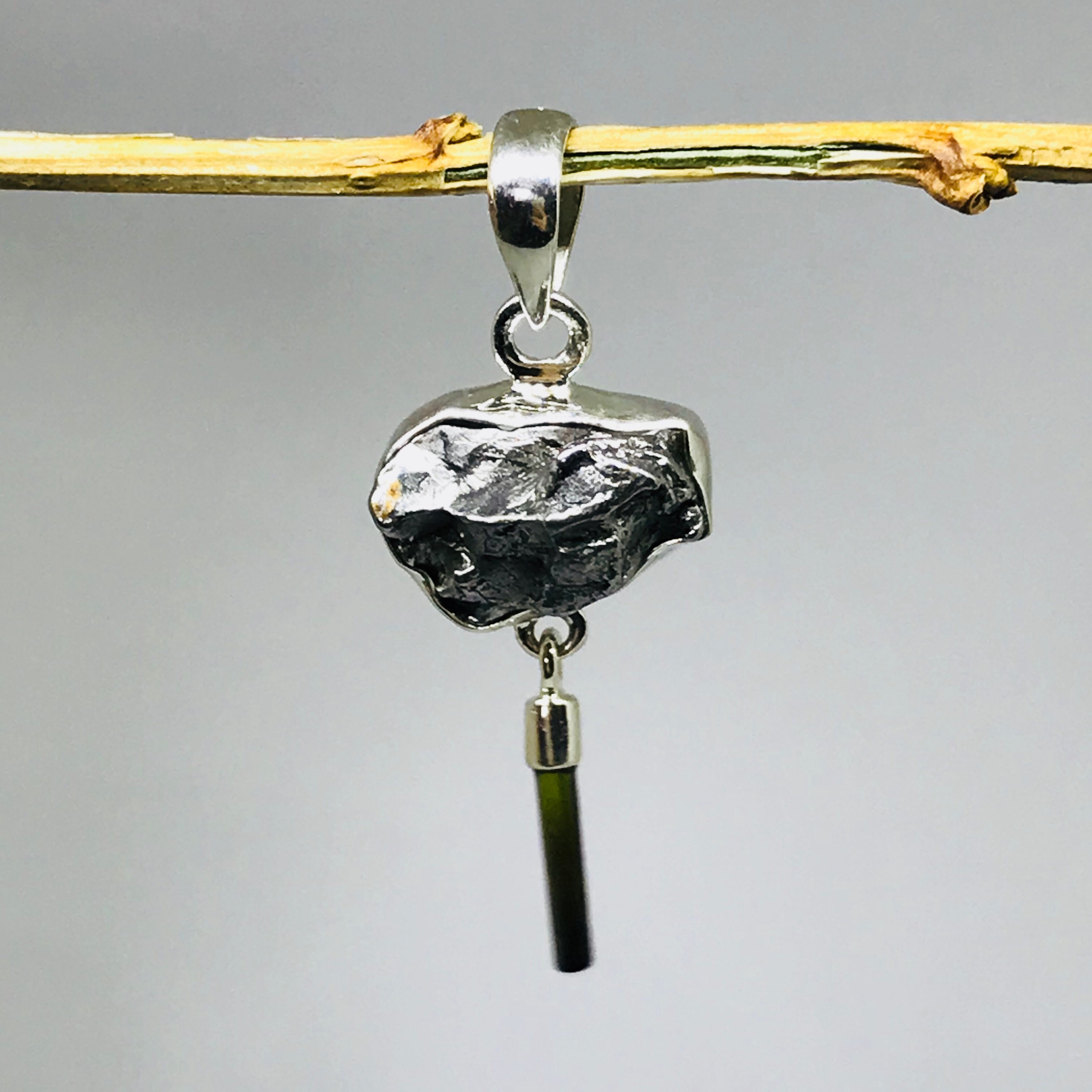 Genuine Meteorite And Green Tourmaline Pendant - Sterling Silver - Meteorite Jewelry - Tourmaline Jewelry - Cosmic - Outer Space - Handmade