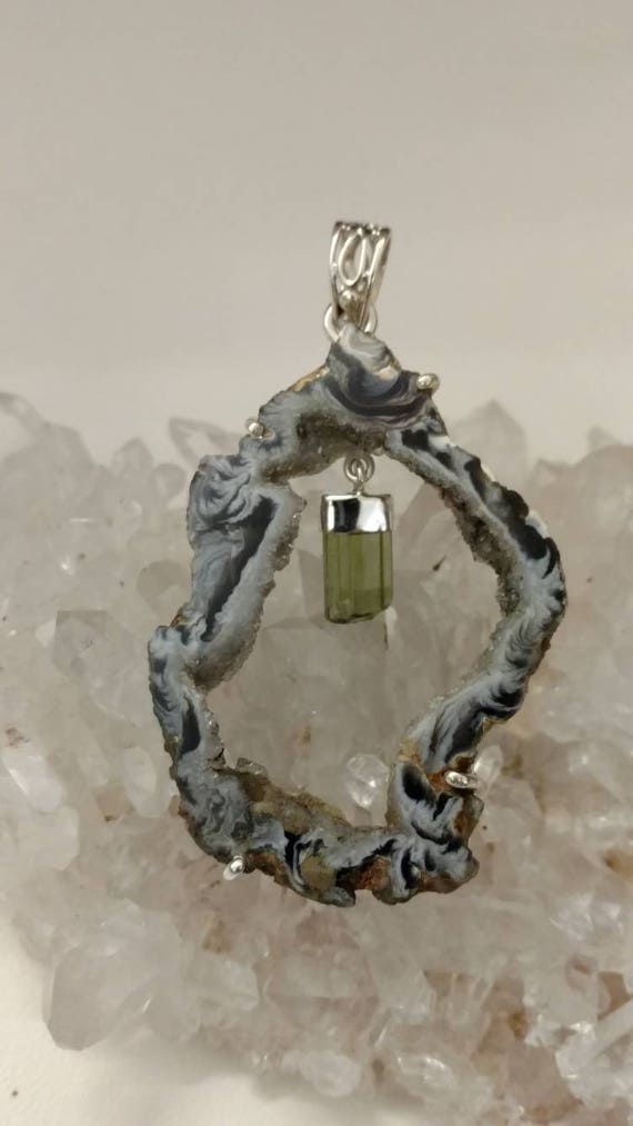 Huge Black Geode Druzy & Green Tourmaline Pendant