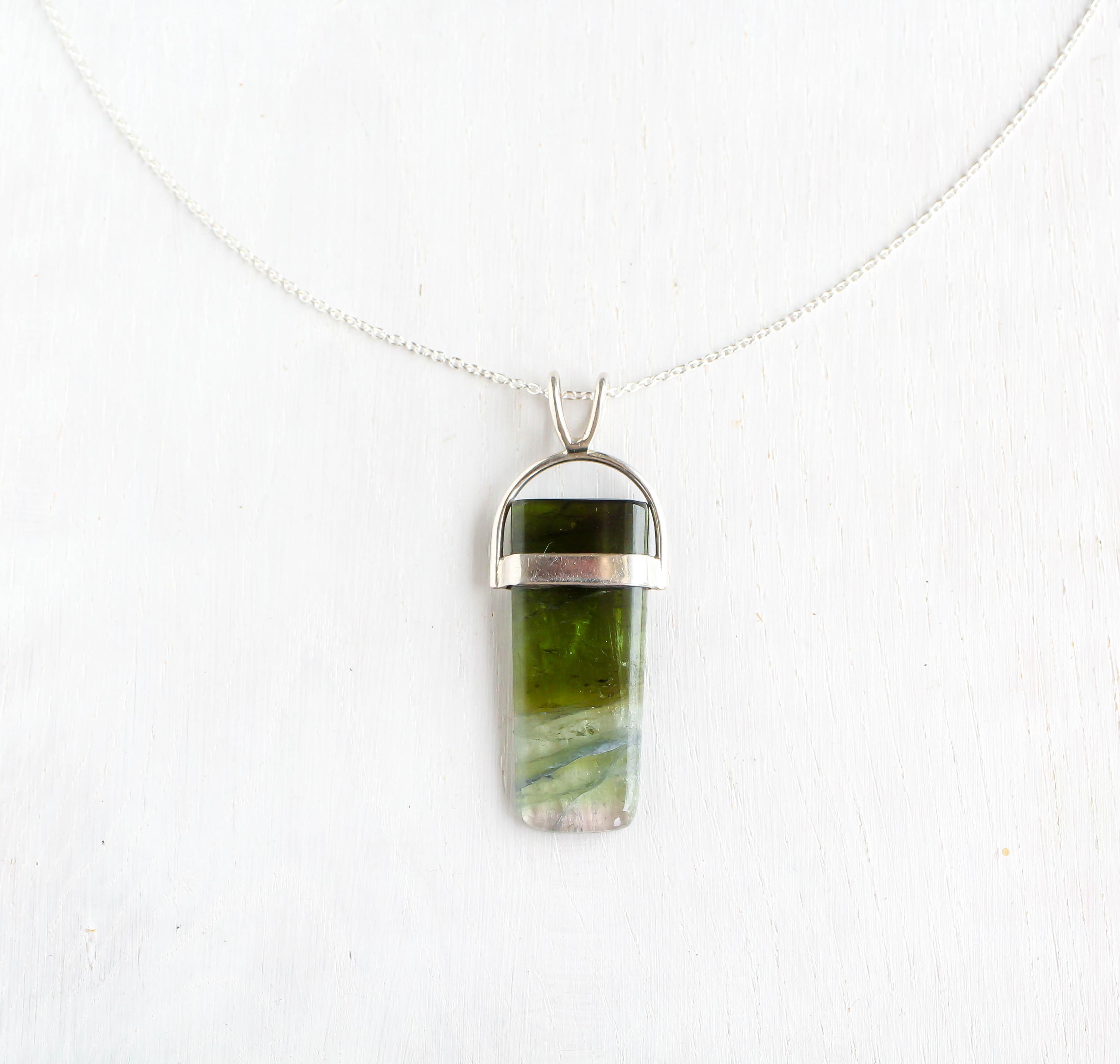 Large Green Tourmaline Pendant: Sterling Silver Verdelite Necklace