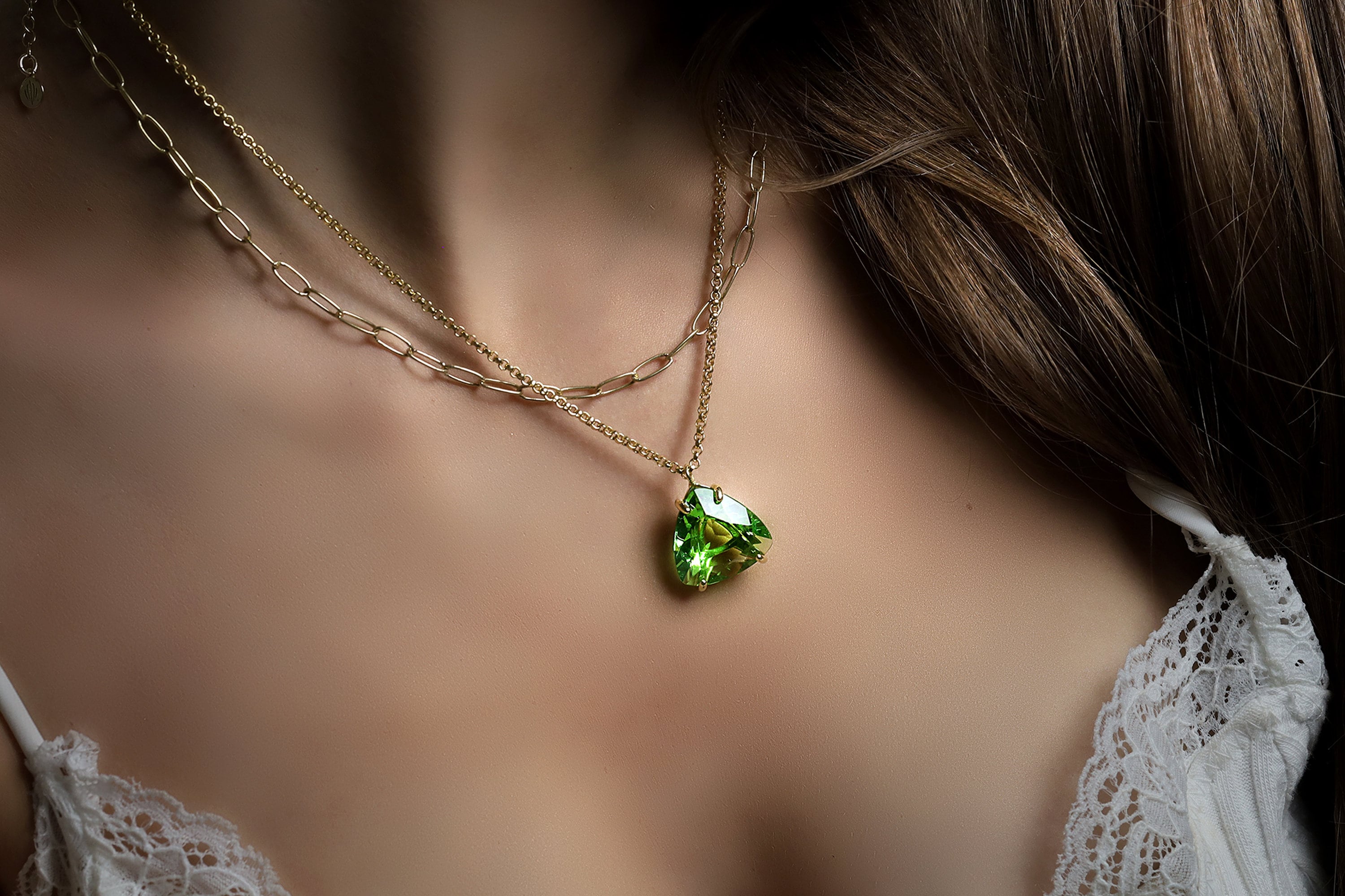 Large Green Tourmaline Trillion Pendant · October Birthstone Necklace · Gold Tourmaline Necklace · Triangle Pendant Necklace