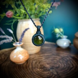 Little Round Green Tourmaline Necklace, Macrame Pendant, Small Tourmaline, High Quality Tourmaline Cabochon, Green Macrame Cord, Anneroza