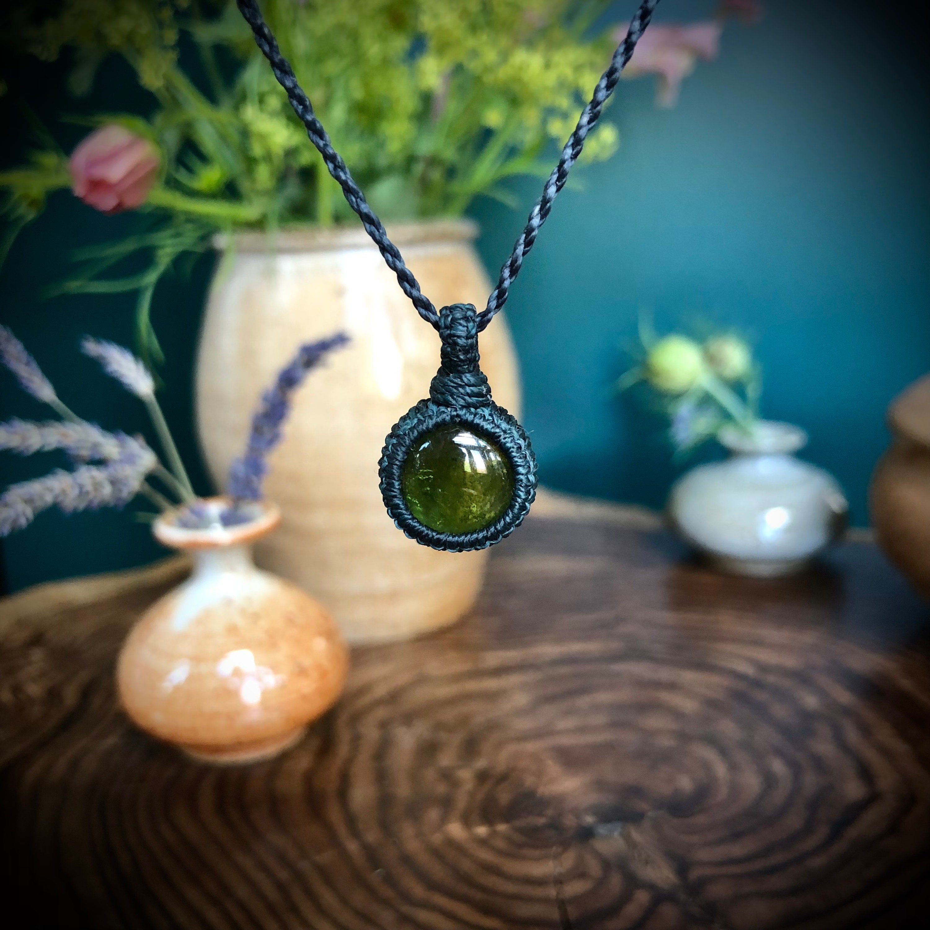 Little Round Green Tourmaline Necklace, Macrame Pendant, Small Tourmaline, High Quality Tourmaline Cabochon, Green Macrame Cord, Anneroza
