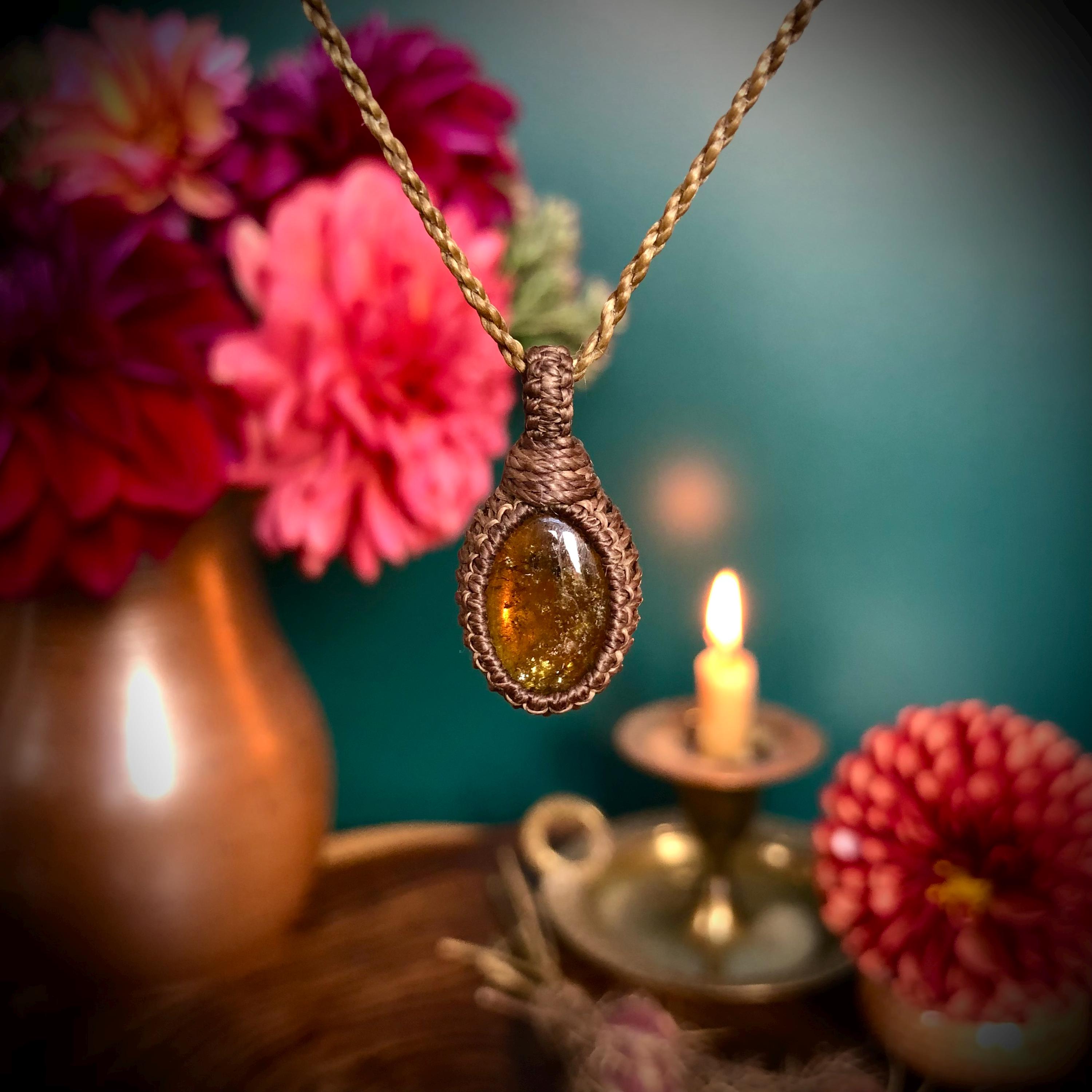 Green Tourmaline Macrame Necklace, Small Tourmaline Pendant, Clear Tourmaline Cabochon, Wrapped Stone, Moss Color, Crystal Pendant