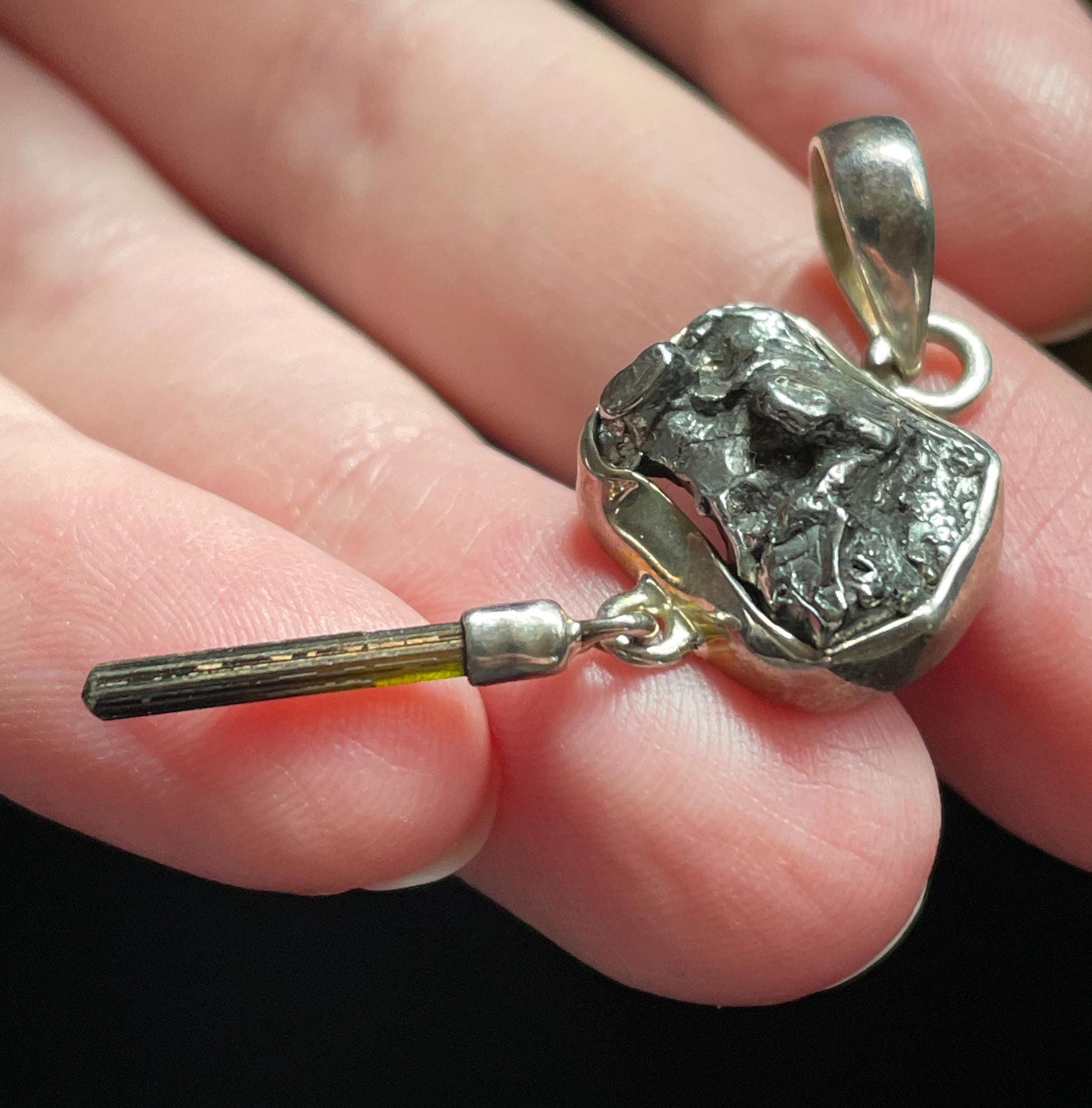 Meteorite & Tourmaline Pendant, Genuine Sikhote Meteorite With Green Tourmaline Crystal, Handmade With Solid Sterling Silver, Perfect Gift!