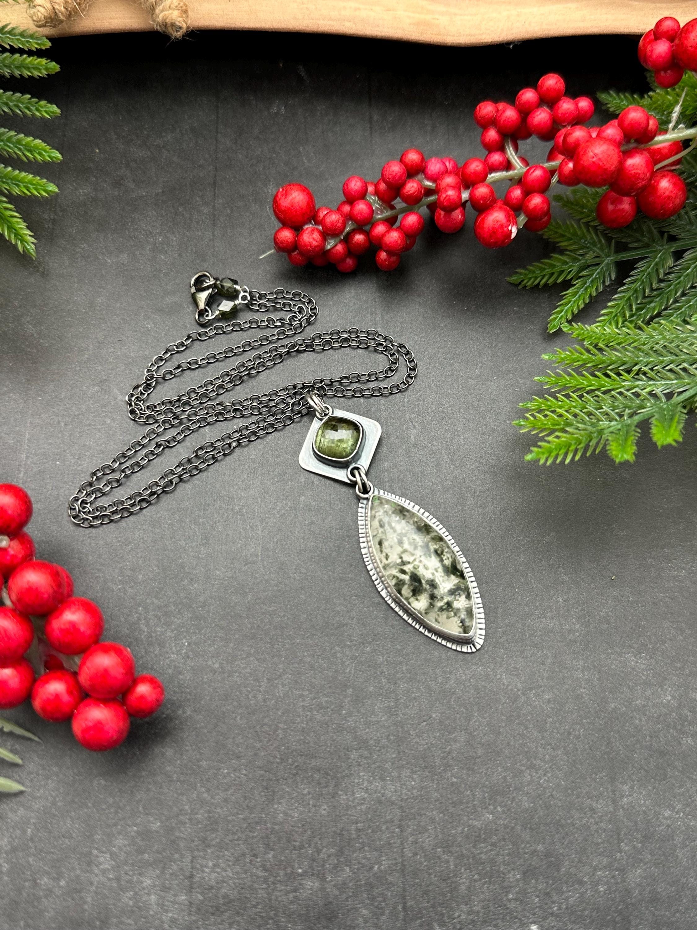 Oxidized Silver Green Tourmaline Necklace, Artisan Pendant