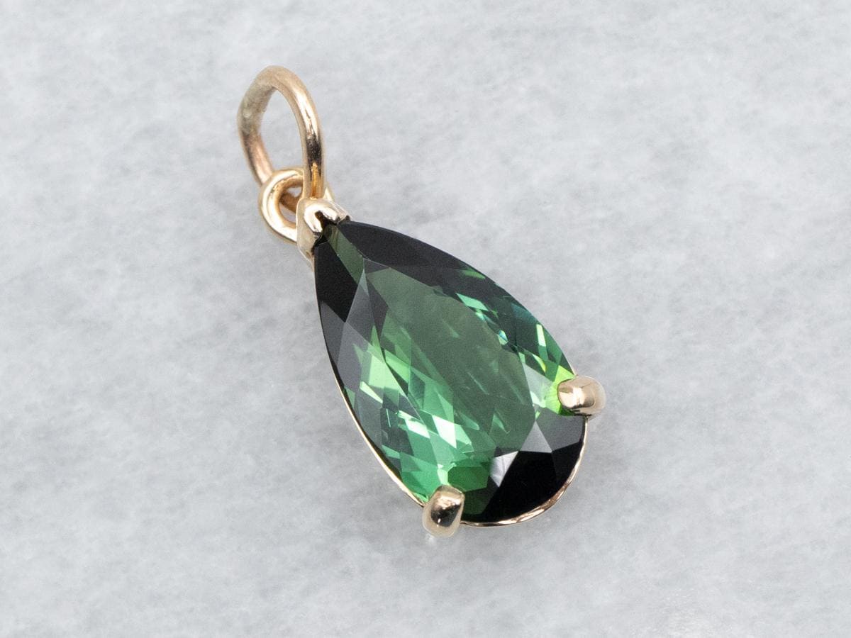 Pear Cut Green Tourmaline 14k Yellow Gold Solitaire Pendant
