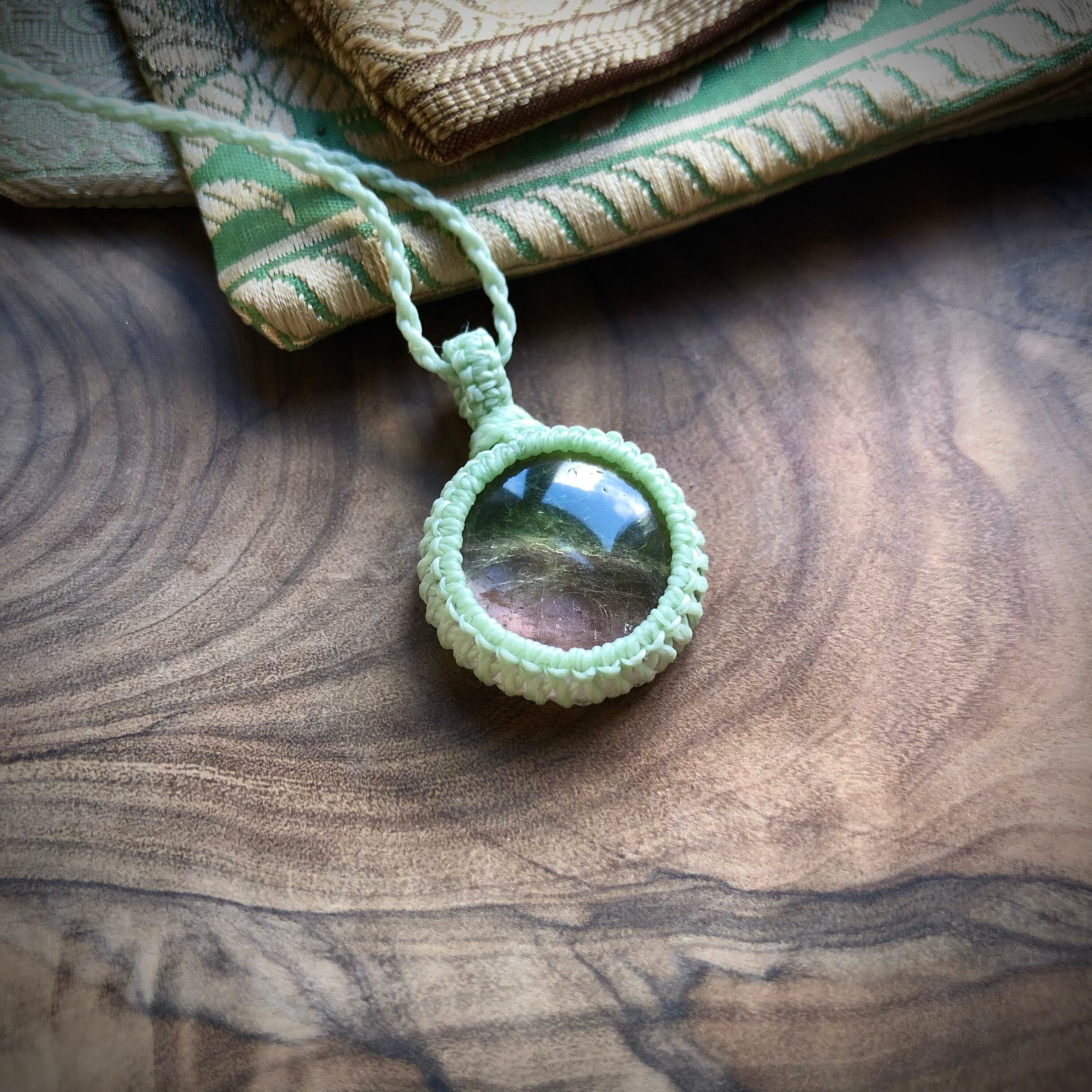 Pink And Green Tourmaline, Macrame Necklace, Mint Green Cord, Tourmaline Pendant, Macrame Pendant, Anneroza, High Quality Tourmaline, Clear