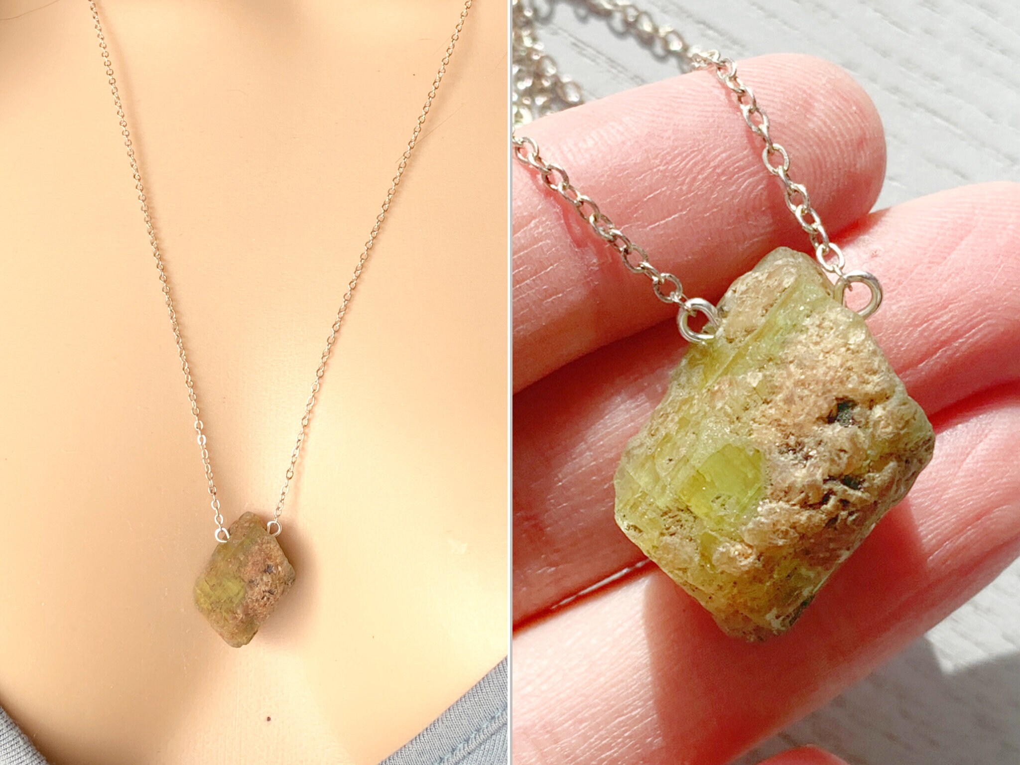 Raw Green Tourmaline Necklace Gold Or Sterling Silver, Green Tourmaline Pendant, Green Gemstone Necklace Green Stone Jewelry, Exact Stone