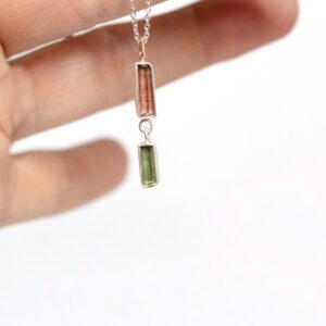 Raw Pink And Green Tourmaline Necklace Bi-color Dangle Bezel Settings Sterling Silver 14k Rose Gold Rough Gemstone Pendant - Watermelon Gap Raw Pink And Green Tourmaline Necklace Bi-color Dangle Bezel Settings Sterling Silver 14k Rose Gold Rough Gemstone Pendant - Watermelon Gap