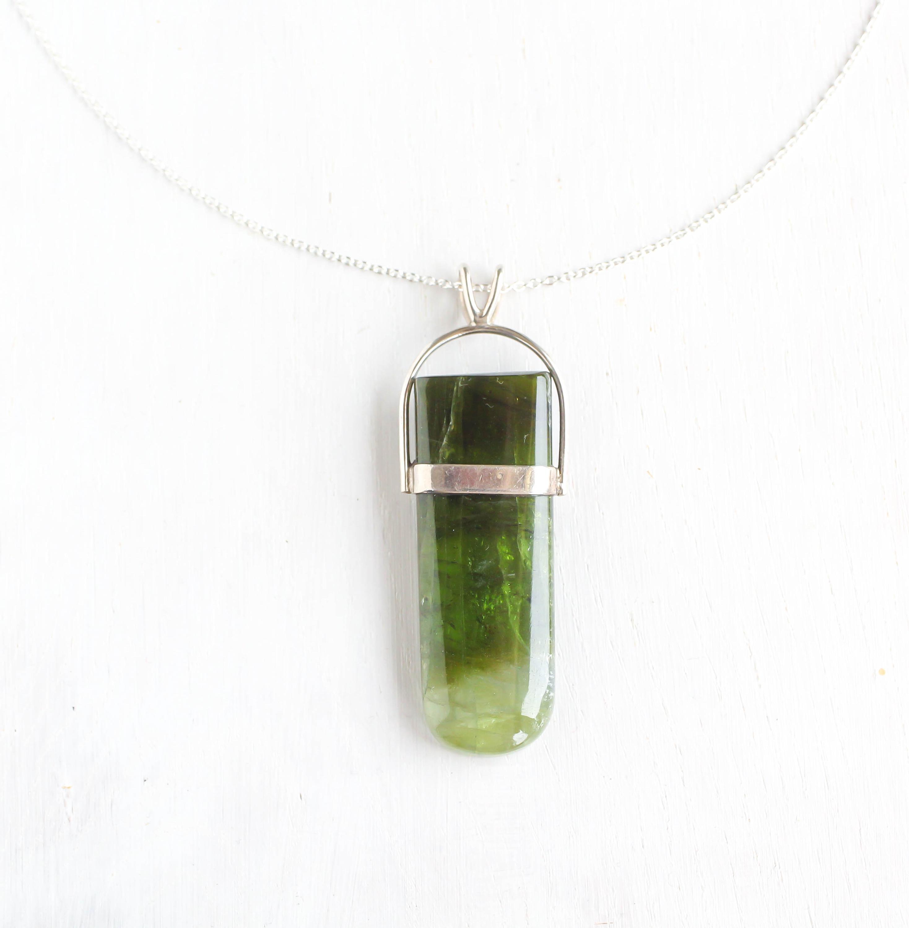 Raw Green Tourmaline Sterling Silver Pendant Necklace - Bicolor Verdelite Crystal