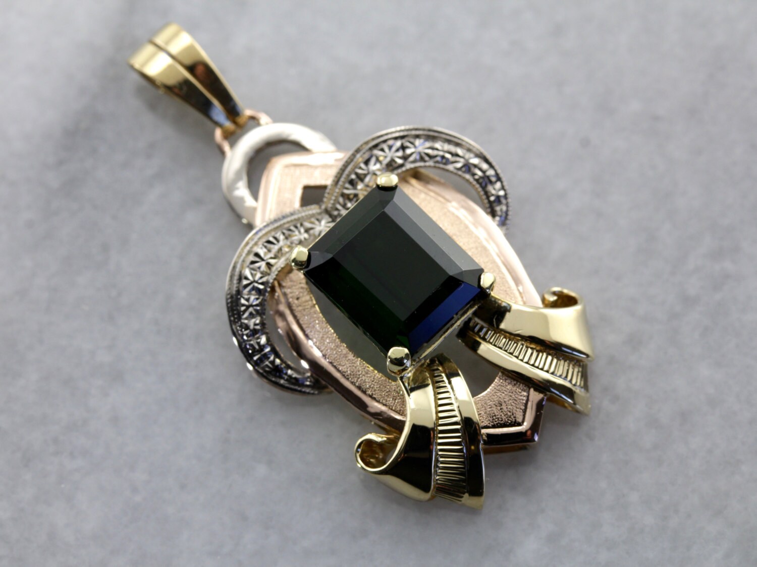 Retro Era Statement Pendant, Green Tourmaline In Tri Color Gold