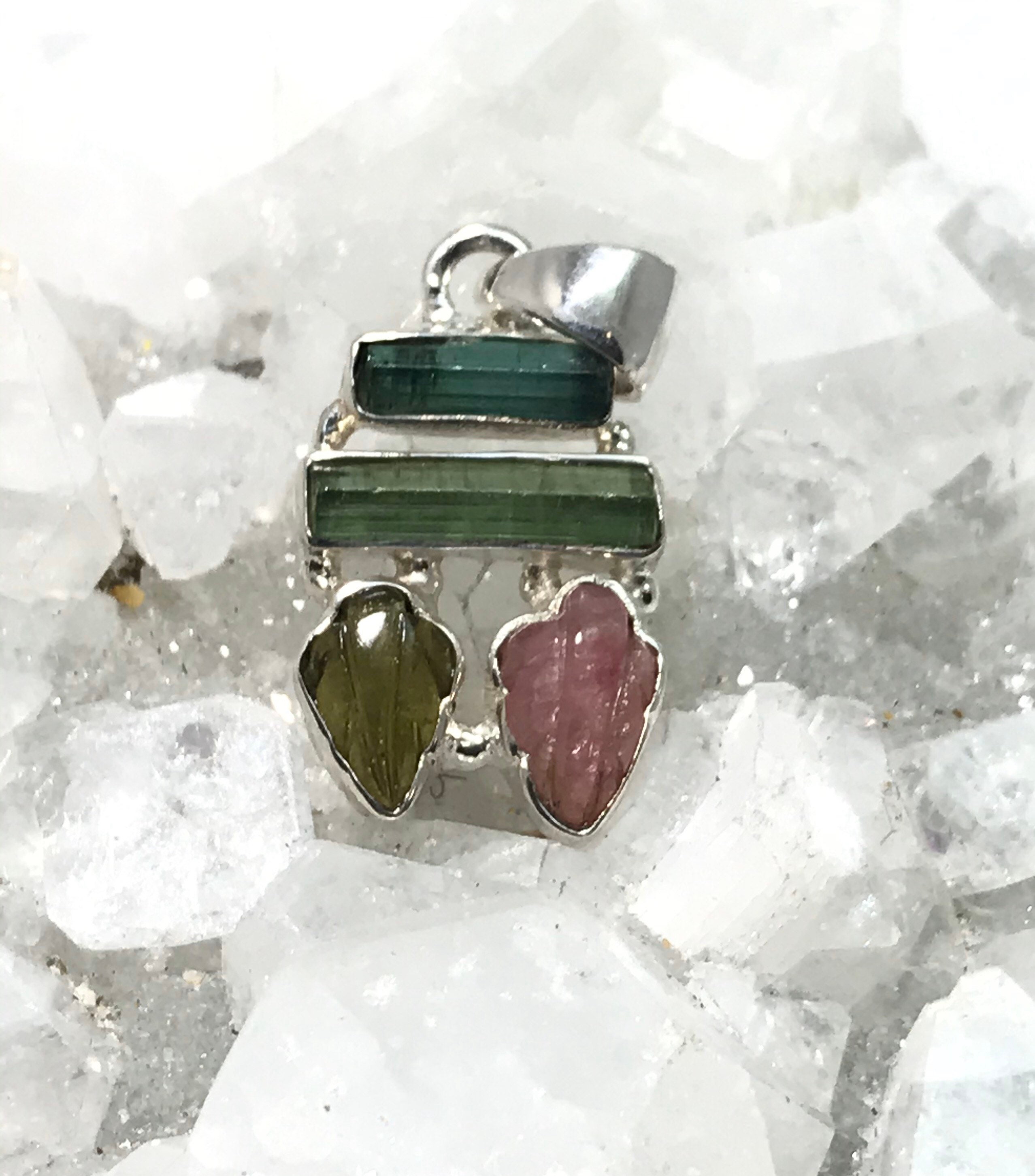 Rough Green Tourmaline And Carved Tourmaline Leaves-pendant