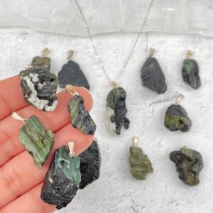 Green Tourmaline - Rough Stone Pendants with Silver Plated Bail Green Tourmaline - Rough Stone Pendants with Silver Plated Bail
