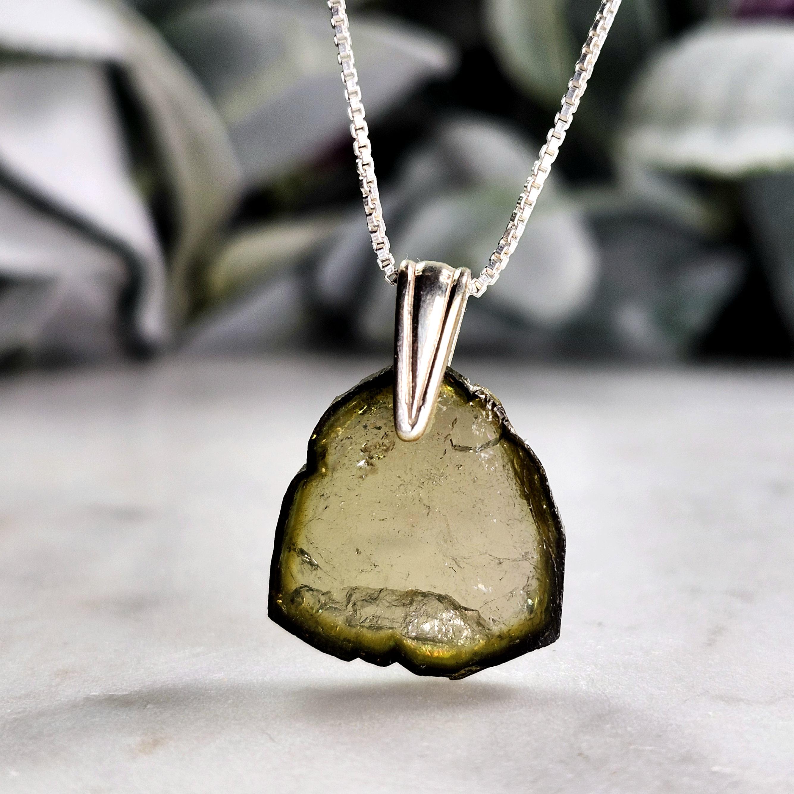 Green Tourmaline Slice Pendant, Sterling Silver Tourmaline Necklace Green Tourmaline Slice Pendant, Sterling Silver Tourmaline Necklace