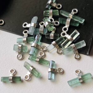 7-12mm Blue Green Tourmaline Sticks Single Loop Connectors 5 Pcs Natural Tourmaline 925 Silver Connectors Finding Silver Charm - Pksg185
