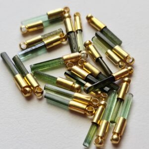 Green Tourmaline Sticks, Gold Polish 925 Silver Connector (5 Pcs)