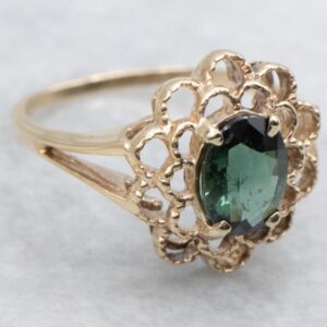 10K Yellow Gold Green Tourmaline Ring, Floral Design 10K Yellow Gold Green Tourmaline Ring, Floral Design