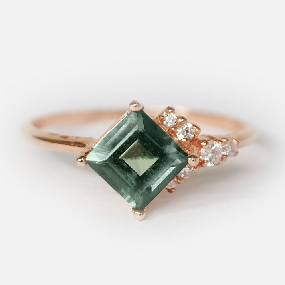 14k Rose Gold Green Tourmaline Ring, Princess Cut Gemstone Ring, Unique Engagement Ring, Modern Minimalist Ring, Bridal Jewelry Gift