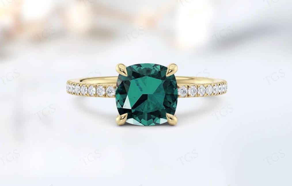 14k Rose Gold Paraiba Tourmaline Wedding Ring For Woman Vintage Cushion Cut Green Tourmaline Engagement Ring Unique Solitaire Gemstone Ring