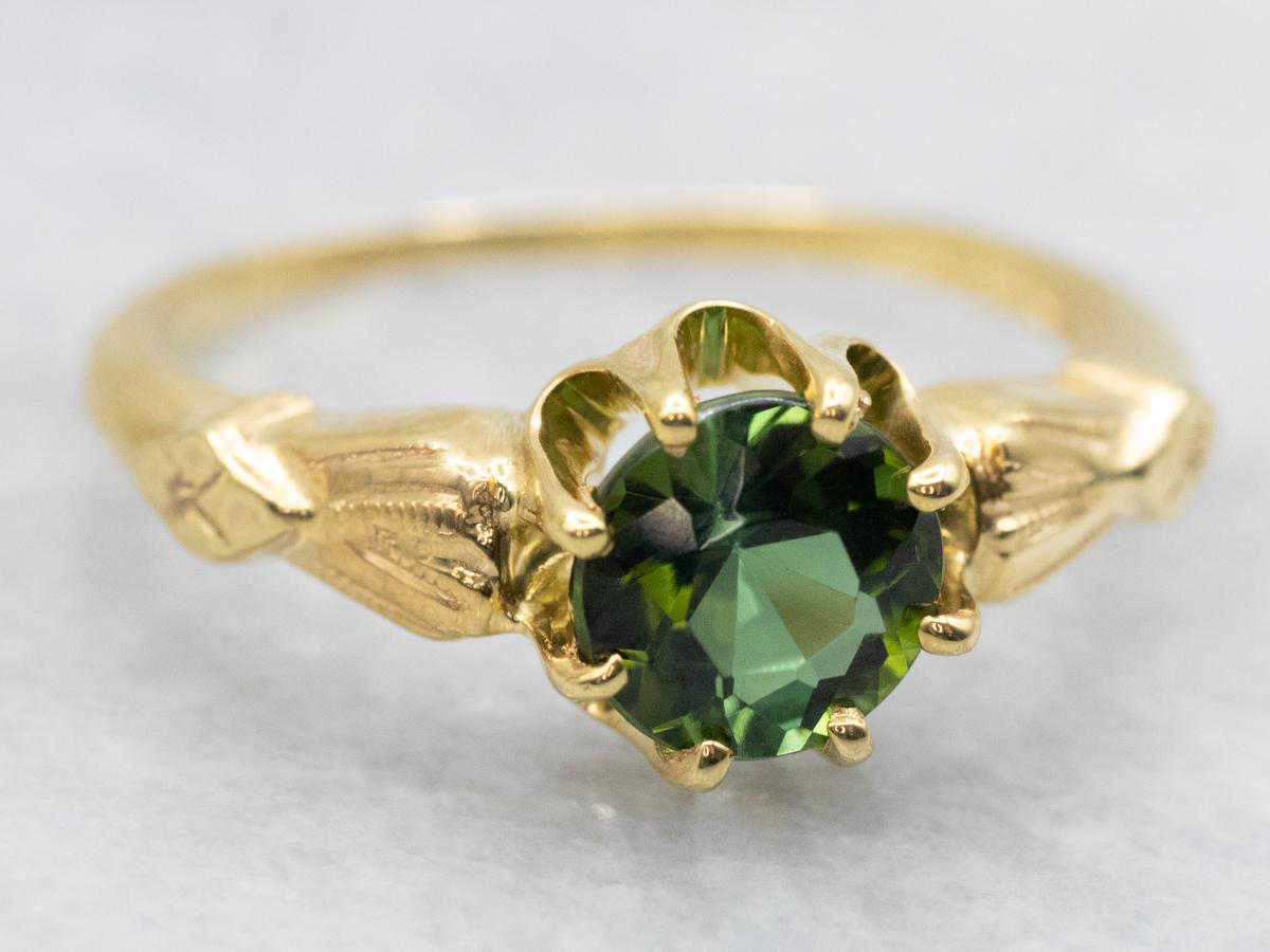 14k Yellow Gold Green Tourmaline Claw Ring, Solitaire 14k Yellow Gold Green Tourmaline Claw Ring, Solitaire