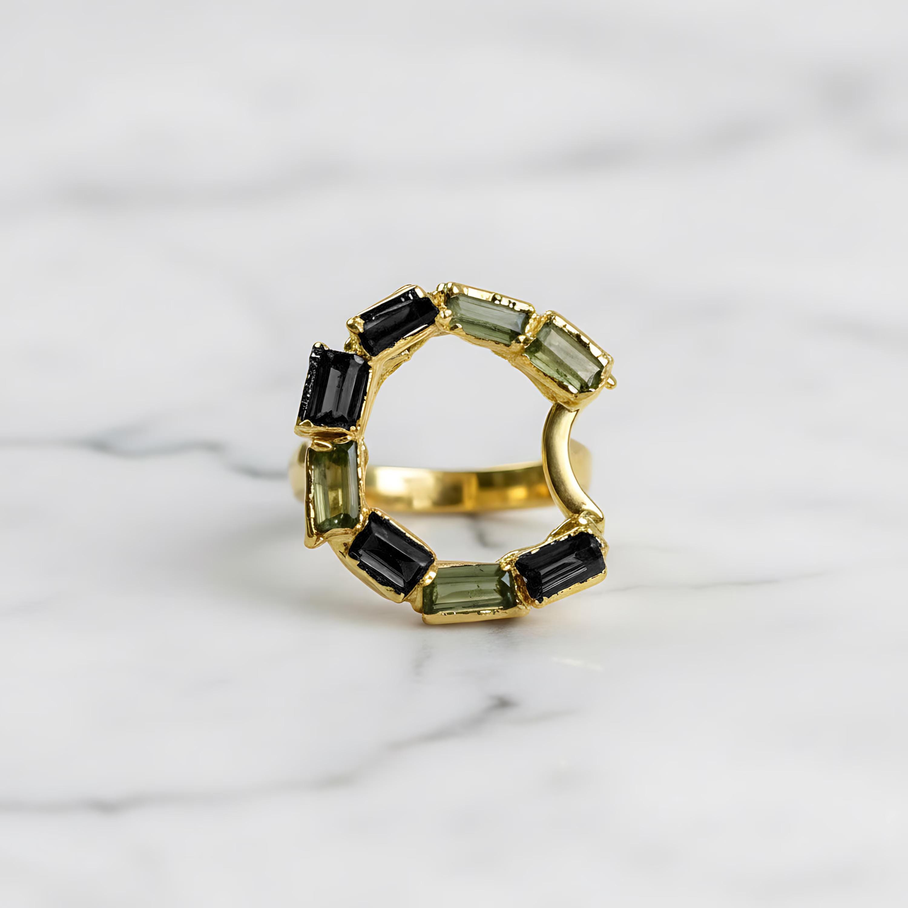 Green Tourmaline Baguette Copper Ring, Minimal Statement Ring Green Tourmaline Baguette Copper Ring, Minimal Statement Ring