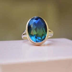 Blue Green Tourmaline Quartz Ring: Sterling Silver Statement Jewelry Blue Green Tourmaline Quartz Ring: Sterling Silver Statement Jewelry