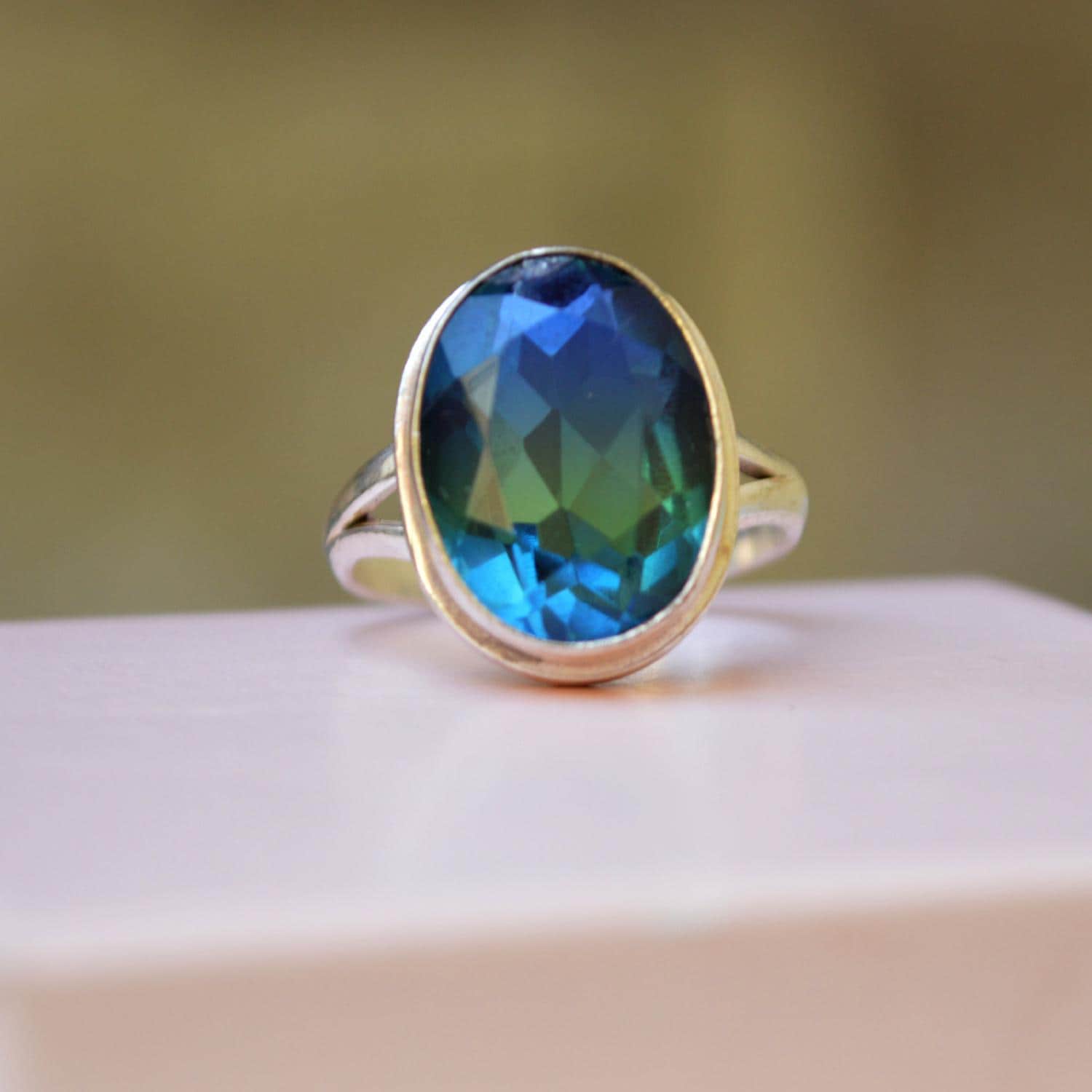 Blue Green Tourmaline Quartz Ring: Sterling Silver Statement Jewelry