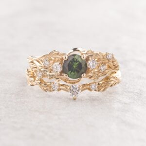 Green Tourmaline Bridal Ring Set, Forest Inspired Ring