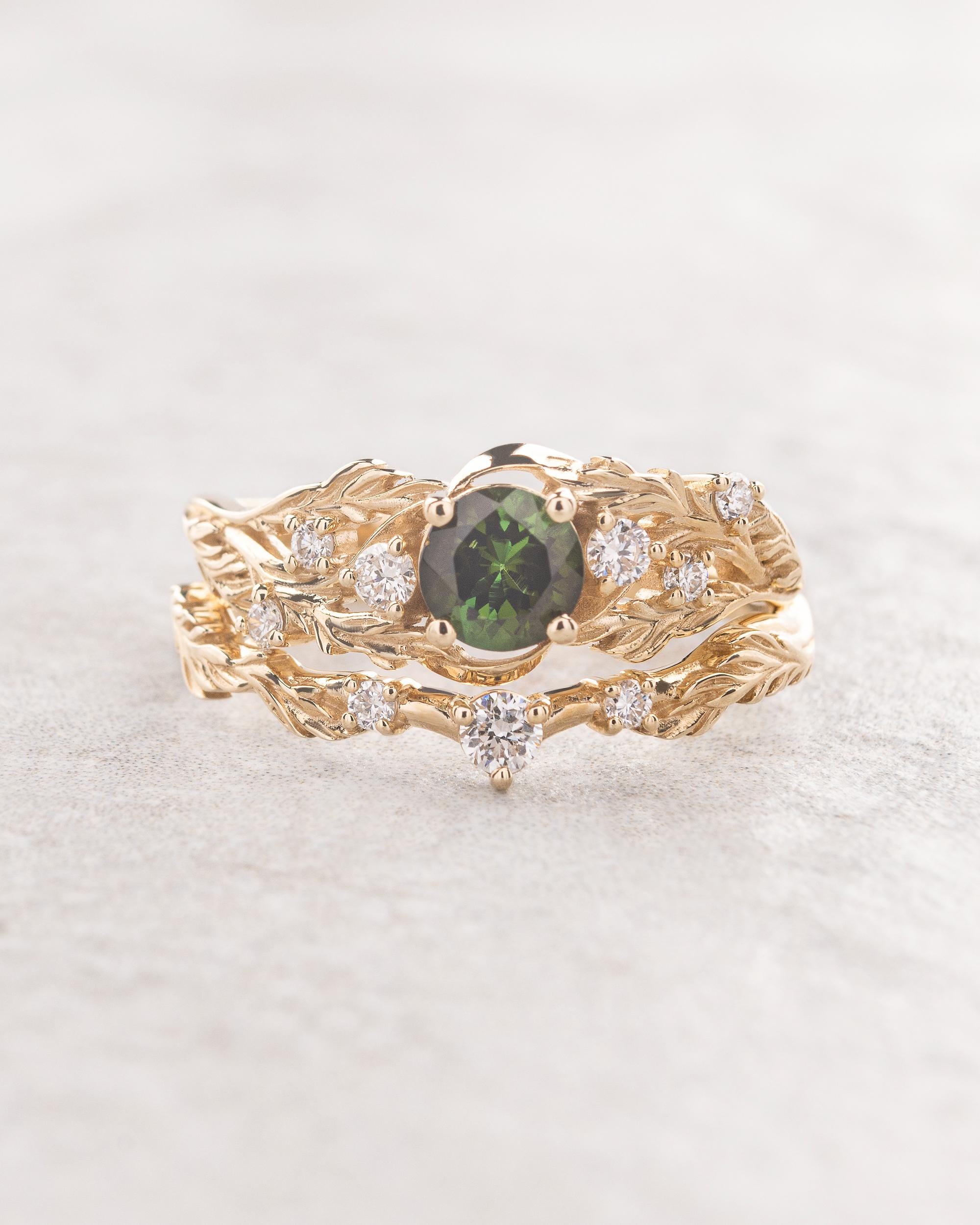Green Tourmaline Bridal Ring Set, Forest Inspired Ring